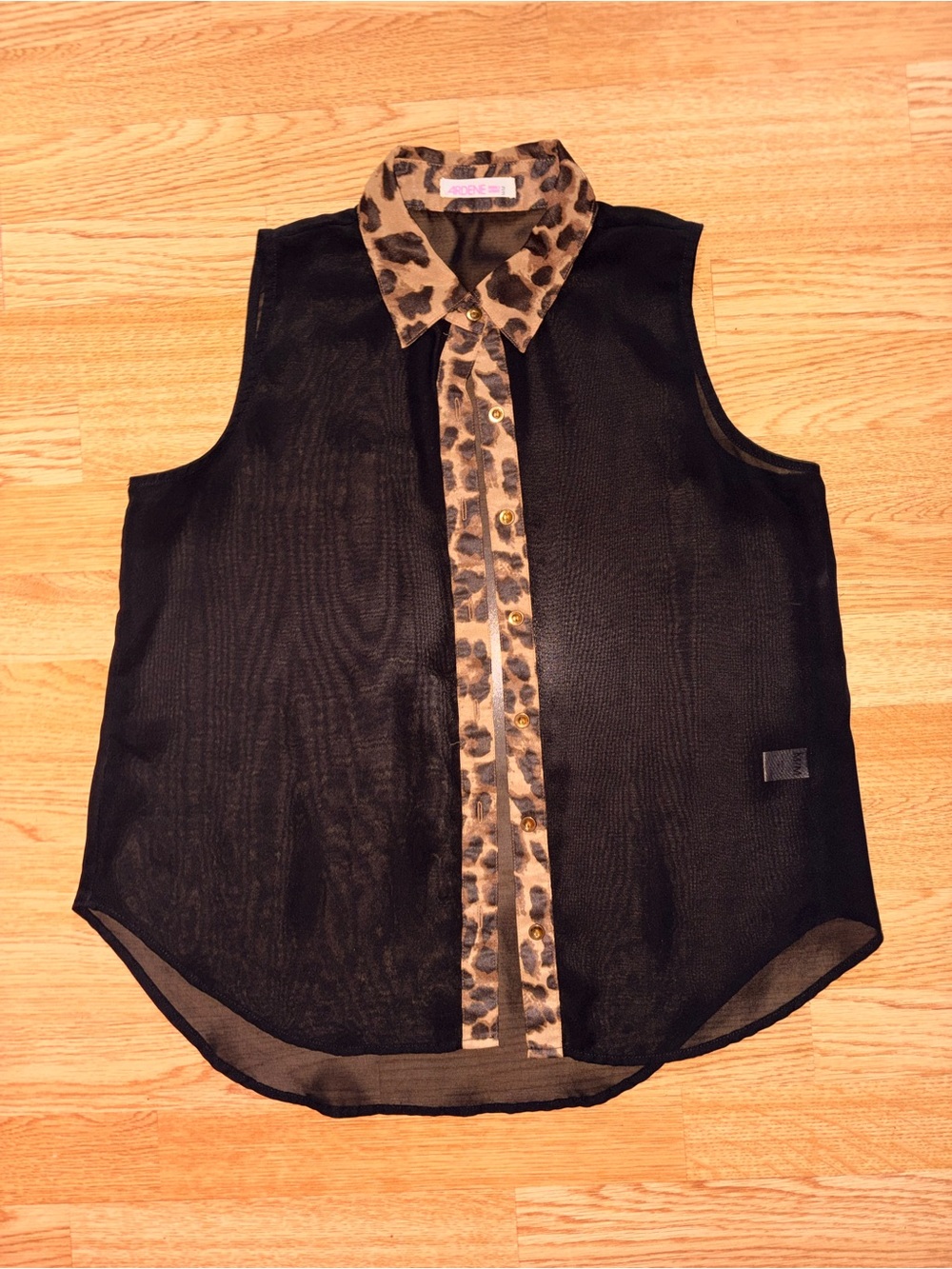 Mesh Sleeveless Button Up Shirt with Leopard Trim